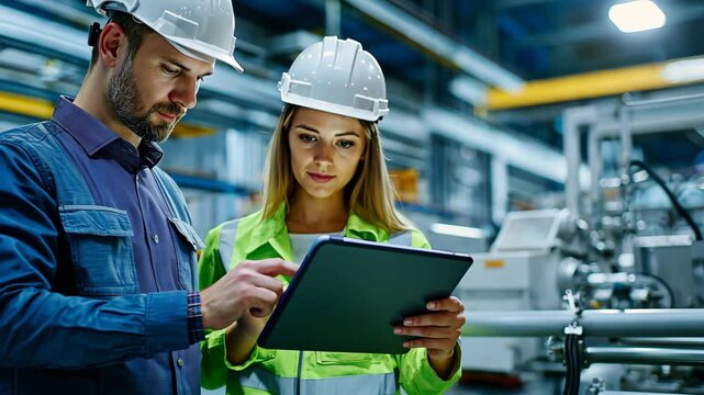 Engineers utilize a tablet to assess and optimize production processes in an industrial environment.
