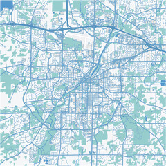 Map of Waukesha in Wisconsin in a professional blue style. Contains layered vector with roads water, parks, etc.