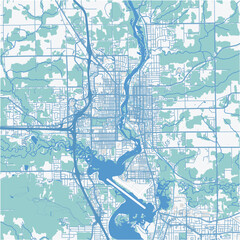 Map of Wausau in Wisconsin in a professional blue style. Contains layered vector with roads water, parks, etc.