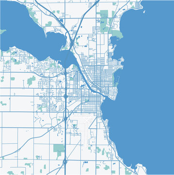 Map of Oshkosh in Wisconsin in a professional blue style. Contains layered vector with roads water, parks, etc.