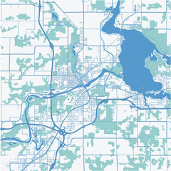 Map of Chipewa Falls in Wisconsin in a professional blue style. Contains layered vector with roads water, parks, etc.