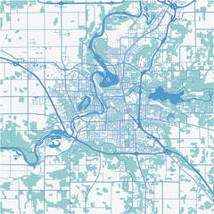 Map of Eau Claire in Wisconsin in a professional blue style. Contains layered vector with roads water, parks, etc.