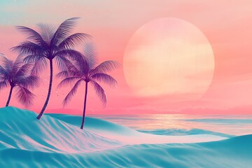 Fototapeta premium Dreamlike Pink Sunset Beach Scene with Palm Trees and Textured Sun
