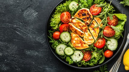 A grilled halloumi salad with cherry tomatoes, cucumber, and a lemon vinaigrette.