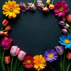 Fototapeta premium Photo of colorful spring flowers arranged neatly on a chalkboard, seasonal, flowers