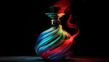 A digital rendering of a decorative hookah with vibrant multicolored particles forming swirling patterns against a black background