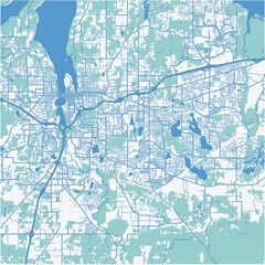 Map of Olympia in Washington in a professional blue style. Contains layered vector with roads water, parks, etc.