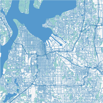 Map of Tacoma in Washington in a professional blue style. Contains layered vector with roads water, parks, etc.
