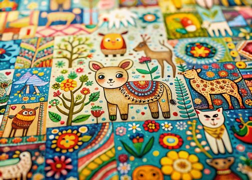 Whimsical Animal Tribal Doodle Patchwork Wallpaper: Tilt-Shift Miniature World