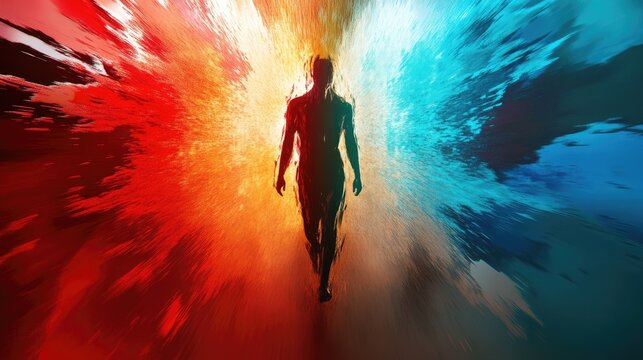 Abstract silhouette figure emerging from fiery and icy energetic bursts