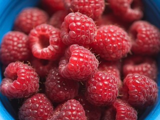 Fresh red raspberries in a blue bowl, showcasing their vibrant color and texture.