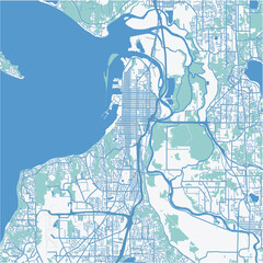 Map of Everett in Washington in a professional blue style. Contains layered vector with roads water, parks, etc.