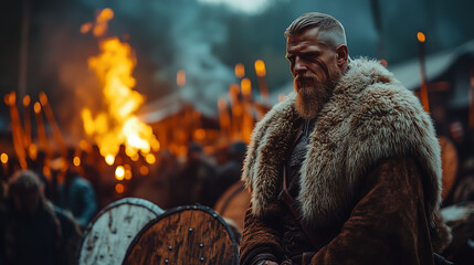 Warrior preparing for battle at a historical reenactment festival in a forest setting during dusk surrounded by flickering firelight