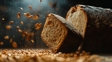 Fresh Sliced Bread With Falling Grains