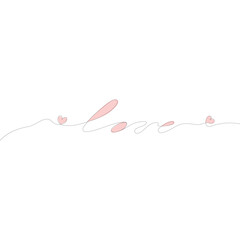romantic card design line art lettering love with hearts continuous thin line with pink on white background