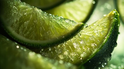 Fresh Lime Wedges with Water Droplets, close up view, citrus fruit
