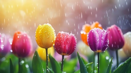 Colorful Tulips Raindrops Blooming Garden