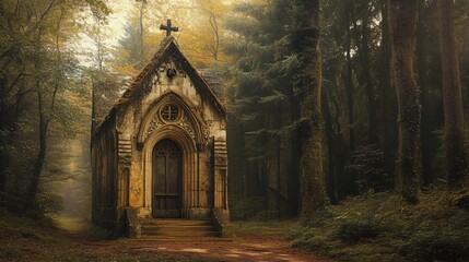 Chapel facade nestled in forest setting