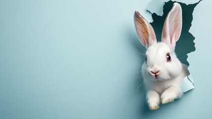 Obraz premium Adorable white rabbit breaking through a pastel blue wall, showcasing playful curiosity and charm in a whimsical setting, perfect for spring themes