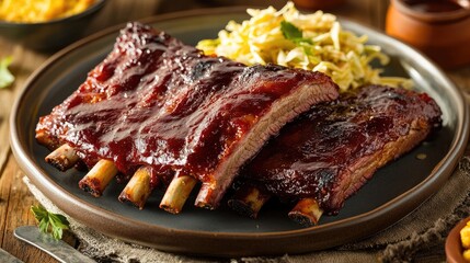 Obraz premium A plate of BBQ ribs with coleslaw and a side of cornbread.
