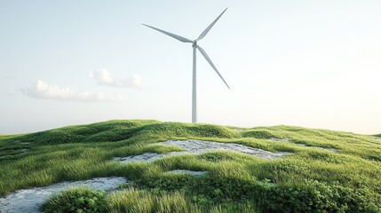 Single wind turbine in an open green field, white background