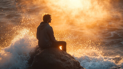 Obraz premium Man sits on a rock by the ocean while waves crash and the golden sun sets in the background creating a serene atmosphere