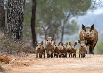Five small piglets frolic joyfully in a vibrant farmyard, with wild boars roaming in the background, capturing a charming moment.