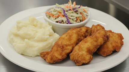 A plate of crispy chicken schnitzel with a side of mashed potatoes and fresh coleslaw.