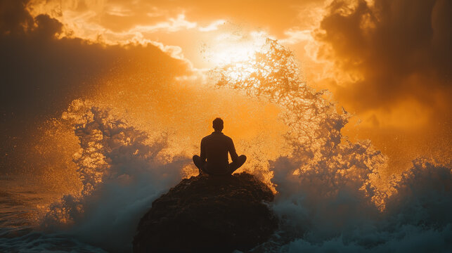 Meditation at sunset with waves crashing on rocks near the shore