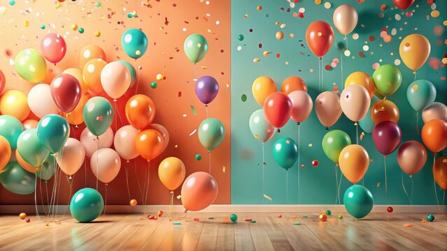 A room filled with colorful balloons and confetti, celebrating a joyous occasion.