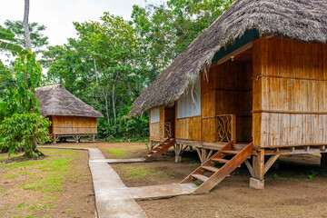 Traditional amazon rainforest house architecture in a kichwa indigenous community, Yasuni national park, Ecuador.