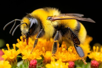 A close-up of a bumblebee fuzzy thorax, covered in fine pollen grains, resting on a cluster of tiny wildflowers