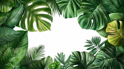 A vibrant watercolor painting of lush tropical leaves on a white background, perfect for botanical-themed designs, eco-friendly products, or tropical events.