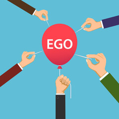 Human hands with needles trying to destroy balloon with the word Ego. Vector illustration