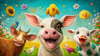 Obraz premium Whimsical Farm Animals: Playful Illustrations & Typography - Stock Photo