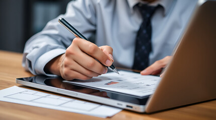Performance checklist concept : businessman using stylus pen with laptop for questionnaire, evaluation, assessment online or survey exam and filling out for digital survey and checklist..
