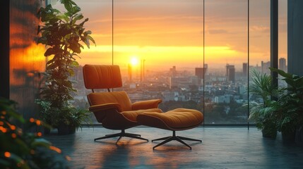 Fototapeta premium Urban jungle loft with a Scandinavian armchair, lush indoor plants, glass walls showcasing a panoramic city sunset