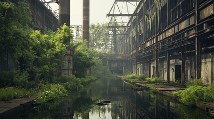 an abandoned factory overgrown with vegetation.