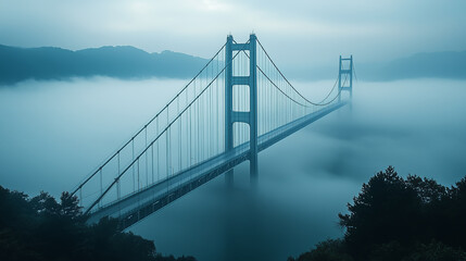 Fototapeta premium Fog envelops a majestic suspension bridge at dawn, creating a mystical atmosphere over the calm waters
