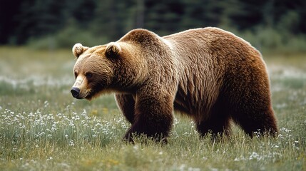 Obraz premium Majestic Grizzly Bear Walking in Dense Forest