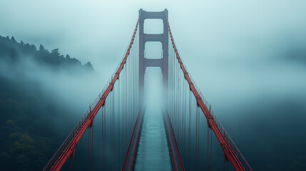 Golden Gate Bridge surrounded by fog in a tranquil morning atmosphere over San Francisco Bay