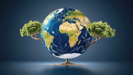 Eco-Friendly Technology Concept: 3D Earth with Green Plants and Digital Data, Glowing Green Light on Dark Background with Blurred Cityscape