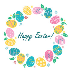 Easter wreath of eggs with leaves and flowers. Botanical rustic festive crown with congratulator Happy Easter. Greeting card with round frame and text, vector graphics