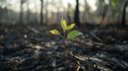 A small tree grows in a forest after a fire. Rebirth brings new hope.