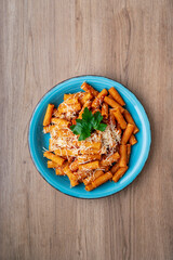 Rigatoni with meat flavor, Italian cooking, pasta, meat sauce
