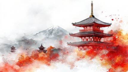 Obraz premium Vibrant watercolor Japanese pagoda with detailed red and gold accents, white background