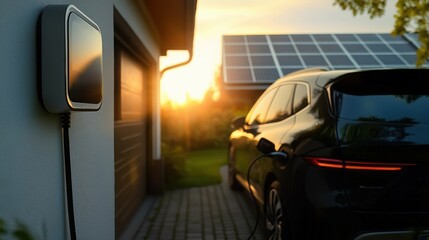 Black and white glossy sleek AC wall charger with thick cable in focus, electric vehicle charging by garage, solar panels in background, sunrise, Germany