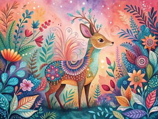 Obraz premium Whimsical Forest Animals & Flowers Boho Doodle Art - Stock Photo