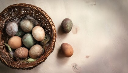Vintage Easter flat lay &ndash; A collection of slightly faded Easter eggs in a wicker basket, captured with a retro film photography style, evoking a nostalgic holiday charm.
