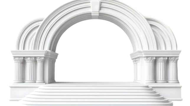 White Archway with Columns and Steps Isolated on White Background